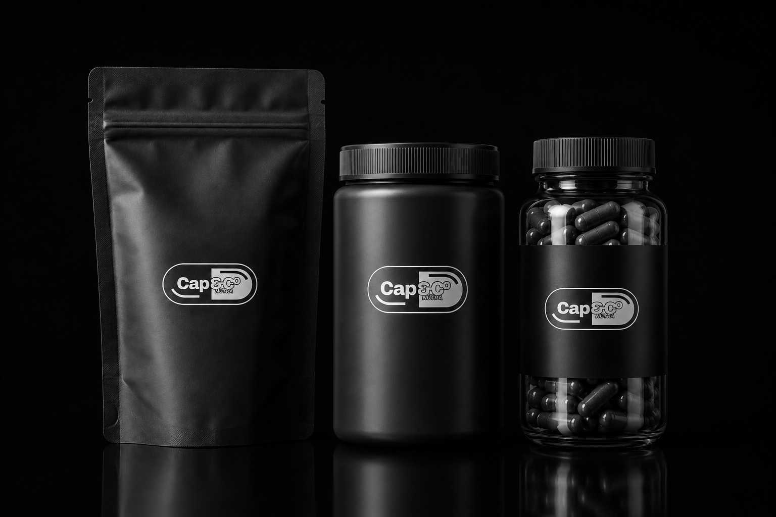 Cap & Co Nutra supplement packaging — stand-up pouches and tubs.